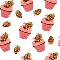 Chocolate-covered strawberry muffins seamless pattern. Sweet dessert. For packaging, prints, covers and brochures, baby products, holidays. Vector cartoon illustration