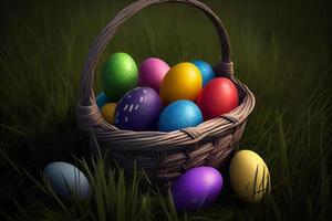 Brightly colored Easter eggs in a basket on grass. Easter theme. photo