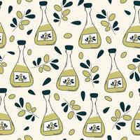 Cute seamless pattern with oil bottles and olive vector