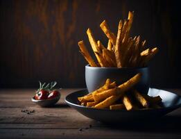 delicioso patata francés papas fritas con tomate salsa de tomate en el mesa. generativo ai. foto