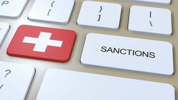 Schweiz auferlegt Sanktionen gegen etwas Land. Sanktionen auferlegt auf Schweiz. Tastatur Taste drücken. Politik Illustration 3d Animation