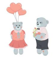 A teddy bear in a red dress holds balloons. Teddy bear in a white shirt and black trousers holds flowers and a valentine. Valentine's Day. The 14th of February. Love. vector