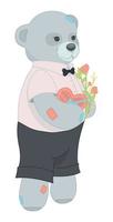 Teddy bear in a white shirt and black trousers holds flowers and a valentine. Gray bear in a suit with a bouquet and a valentine. Vector illustration. Valentine's Day. The 14th of February. Love.