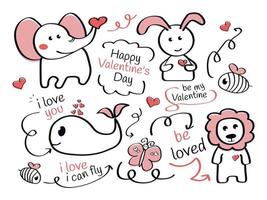 Valentine's Day. Cute background with elephant, hare, bee, whale, text, butterfly, heart vector