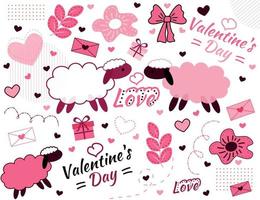 Valentine's Day. Cute background with sheep, gifts, letter, leaves and heart vector