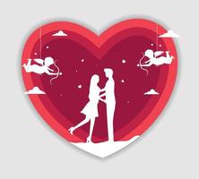 Valentines day vector illustration with young couple in love. Boyfriend and girlfriend smile and kiss.