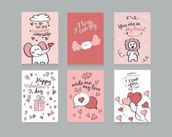 Valentine Day. Set of cards elephant, lion, balloons from hearts, happy Valentine's day, I love you, you are in my heart, I love and I can fly, banner vector