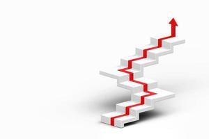 Red arrow following the stairs of growth on white background, 3D arrow climbing up over a staircase , 3d stairs with arrow going upward, 3d rendering photo