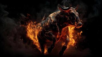 Bull running on fire. Business bull market concept. photo