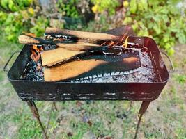 Burning wood in the grill. Small folding portable brazier filled with coals for cooking meat, fish, barbecue. Cooking on outdoor grill. Spring or summer outdoor recreation, picnic in the forest photo