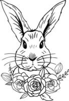 Linear Easter Bunny with flowers and leaves vector