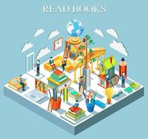 The concept of learning and reading books. Isometric flat design. Vector illustration.