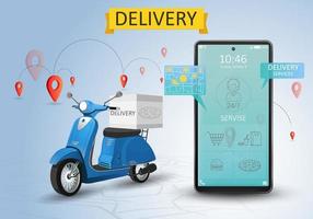 Online delivery service by scooter. Shopping website on a mobile. Food order concept. Web Banner, app template. Vector illustration