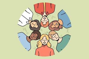 Upward view of smiling diverse people hug and relax together in summer park. Happy men and women rest in nature landscape. Friendship and relaxation. Vector illustration.