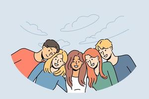 Smiling diverse friends posing together enjoy walk in park. Happy men and women have fun relaxing in summertime. Vector illustration.