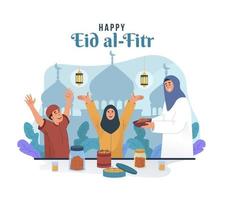 musulmán madre servicio algunos comida para su niños. eid Mubarak plano dibujos animados personaje ilustración vector