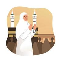 Muslim woman praying in front of Kaaba in Mecca vector