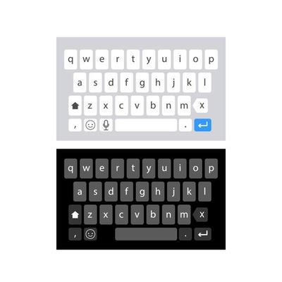 Smartphone keyboard in light and dark mode, keypad alphabet buttons in modern flat style, mobile phone tab concept for white and black color text app, vector illustration.