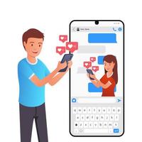 Young people social media texting messages in chat using smartphone. Flat modern illustration of chat via mobile phone, sending message and texting to friends via messenger app like follow and comment vector