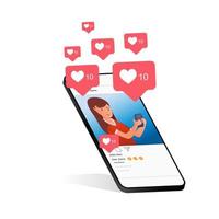 Young people social media texting messages in chat using smartphone. Flat modern illustration of chat via mobile phone, sending message and texting to friends via messenger app like follow and comment vector