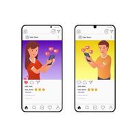 Young people social media texting messages in chat using smartphone. Flat modern illustration of chat via mobile phone, sending message and texting to friends via messenger app like follow and comment vector