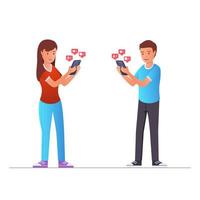 Flat style boy and girl using smartphones for social media or texting. Social media using phone young people. vector illustration