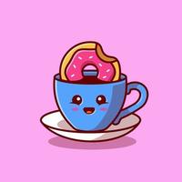 Cute Hot Coffee With Doughnut Cartoon Vector Icon Illustration. Food And Drink Icon Concept Isolated Premium Vector. Flat Cartoon Style