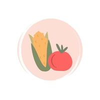 Cute logo or icon vector with cob and tomato vegetables illustration on circle with brush texture, for social media story and highlight