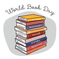 World book day. Big stack of various books isolated on a white background. Pile of colorful books. Hand drawn educational vector illustration