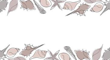 Seashells seamless banner. One line drawing of a shell. Hand drawn marine illustrations of seashells. Summer tropical ocean beach style. Seashells set on an abstract background. vector
