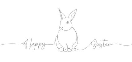 Happy Easter. Continuous rabbit one line drawing and text Happy Easter. Vector minimalist illustration. Design element for Easter holidays