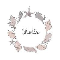 Seashells set on an abstract background in round frame. One line drawing of a shell. Round frame with hand drawn marine illustrations of seashells. Summer tropical ocean beach style. vector