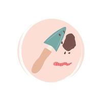 Cute logo or icon vector with garden spatula and worm, illustration on circle for social media story and highlights