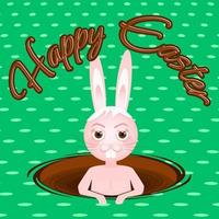 Cute bunny bathing in a meadow hole with chocolate and happy eastern text message. Vector illustration