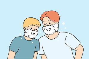 Smiling father and son in foam on face washing in bathroom together. Happy dad teach excited boy child shaving and personal hygiene. Vector illustration.