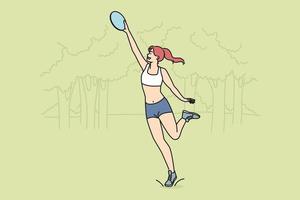 Smiling sportive girl play with frisbee in park. Happy active woman enjoy game playing in summer in forest. Sport and relaxation. Vector illustration.