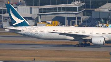 HONG KONG NOVEMBER 09, 2019 - Cathay Pacific Boeing 777 B HNK Spirit of Hong Kong livery towing from service. Chek Lap Kok International Airport, Hong Kong video