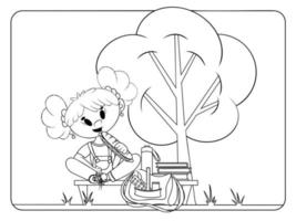 Lunch time at school coloring page. Girl eating at school yard. Antistress for adults and kids. vector