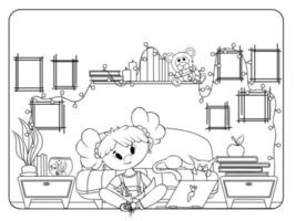Home education coloring page. GIrl study at home. Antistress for adults and kids. vector