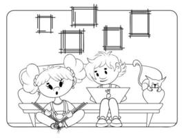 Home education coloring page. Boy and girl study at home. Antistress for adults and kids. vector