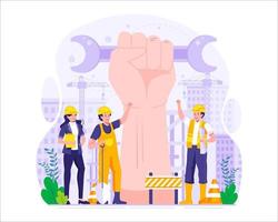 Primero mayo labor día ilustración. construcción trabajadores con un gigante aumento brazo puño estatua. trabajadores día. vector ilustración