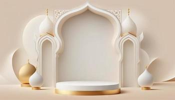 White soft pastel podium islamic Background. ramadhan ornament on White soft Carpet Background. Modern Abstract Design Template photo