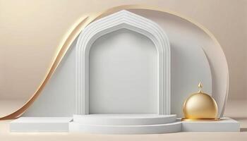 White soft pastel podium islamic Background. ramadhan ornament on White soft Carpet Background. photo