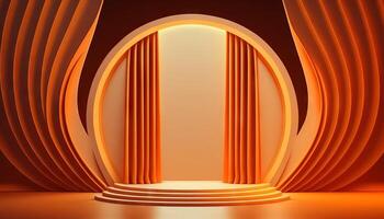 orange soft pastel Curtain Stage Award Background. Trophy on orange Carpet pastel Background. photo