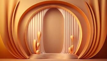 orange soft pastel Curtain Stage Award Background. Trophy on orange Carpet pastel Background. photo