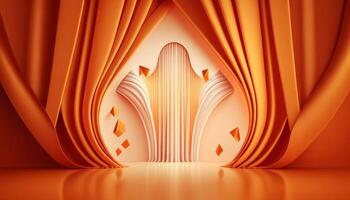 orange soft pastel Curtain Stage Award Background. Trophy on orange Carpet pastel Background. photo