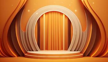 orange soft pastel Curtain Stage Award Background. Trophy on orange Carpet pastel Background. photo