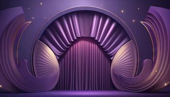 purple pastel Curtain Stage Award Background. Trophy on purple Carpet pastel Background. photo