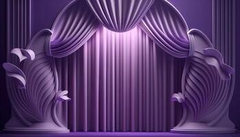 purple pastel Curtain Stage Award Background. Trophy on purple Carpet pastel Background. photo