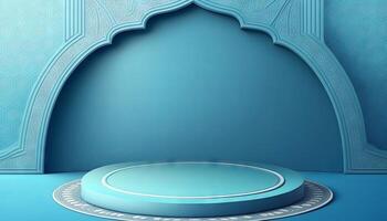 Blue soft pastel podium islamic Background. ramadhan ornament on blue soft Carpet Background. photo